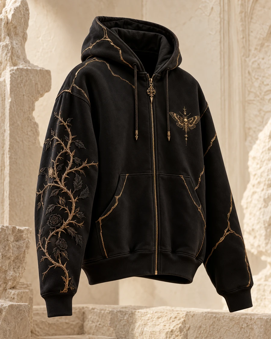 Obsidian Reclaimed Zip Hoodie with antique gold details